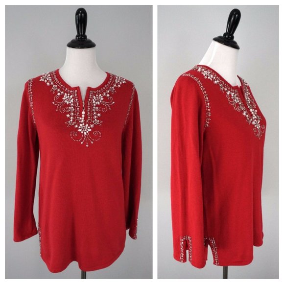 QUACKER FACTORY Red White Beaded Pearl Floral Sweater Size XS - Picture 1 of 5